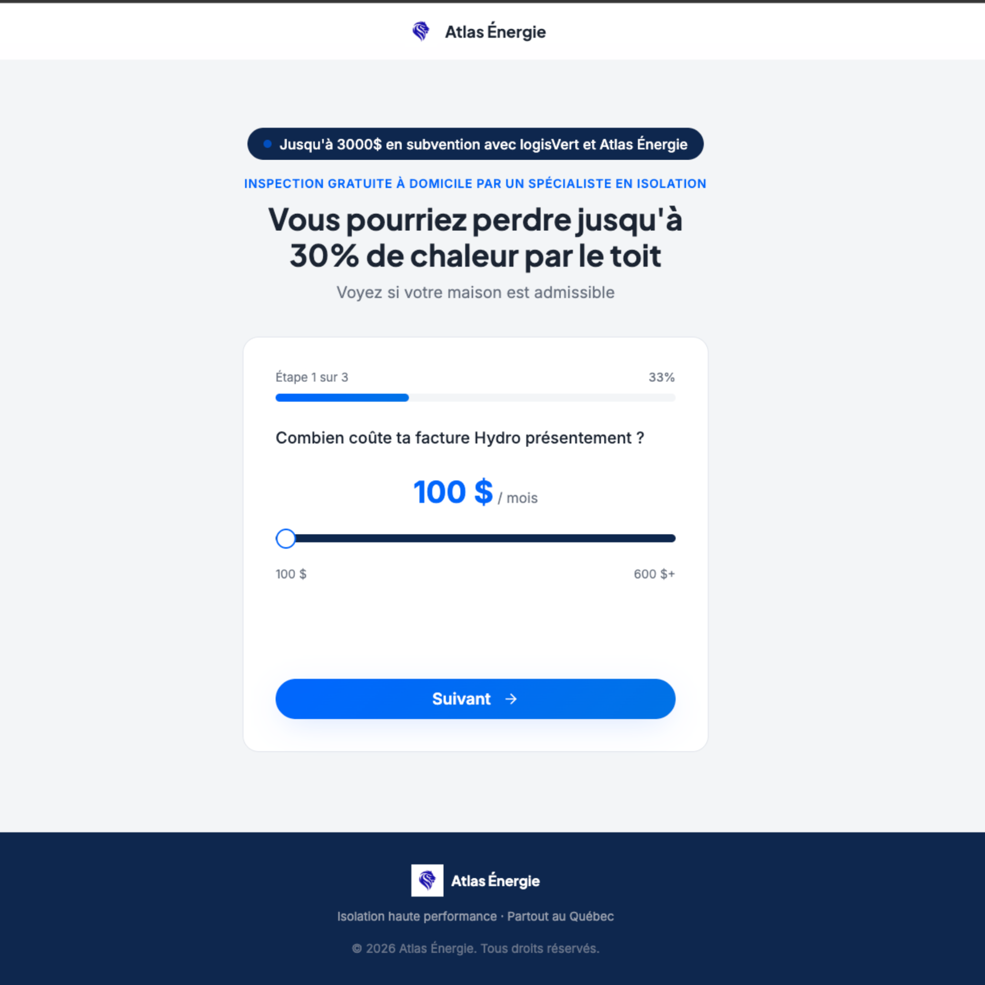 Landing page quiz d'Atlas Énergie